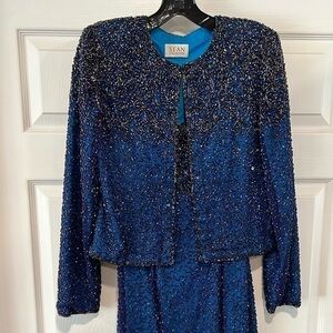 Vintage 2000 Sean Collection Blue Beaded‎ Jacket and Dress Set EUC Size M #LD8